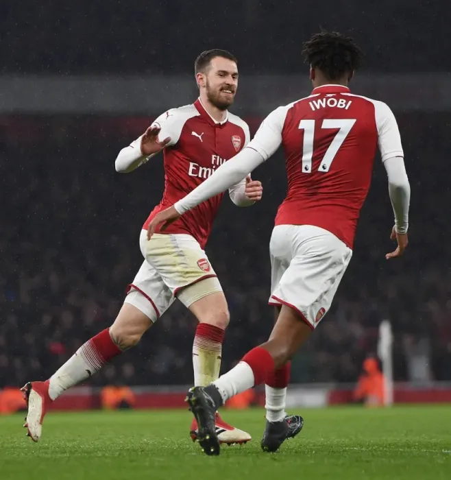 Framed Print : Aaron Ramsey and Alex Iwobi Celebrate Goals: Arsenal's Triumph Over Everton (2017-18)