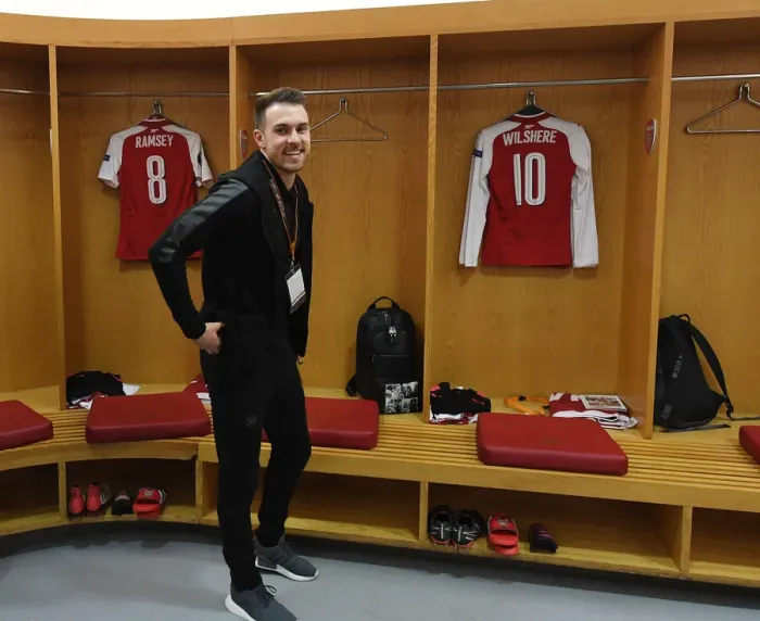 Framed Print : Aaron Ramsey in Arsenal Changing Room Before Arsenal v AC Milan UEFA Europa League Match