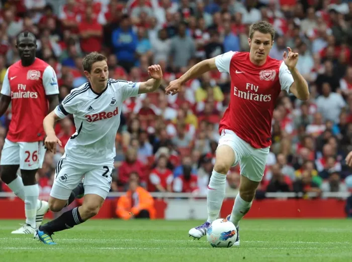 Framed Print : Aaron Ramsey (Arsenal) Joe Allen (Swansea). Arsenal 1: 0 Swansea City. Barclays Premier League