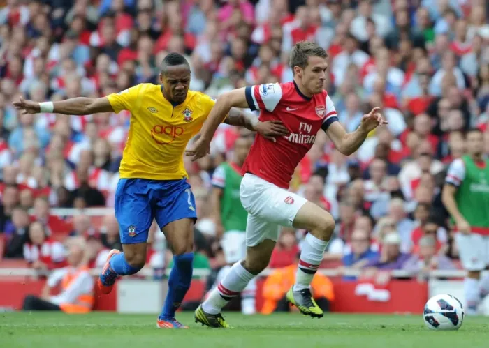 Framed Print : Aaron Ramsey (Arsenal) Nathaniel Clyne (Soton). Arsenal 6: 1 Southampton Framed Print : Aaron Ramsey (Arsenal) Nathaniel Clyne (Soton). Arsenal 6: 1 Southampton