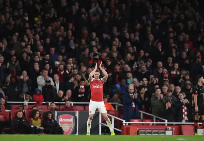 Framed Print : Aaron Ramsey Bids Farewell: Emotional Moment as He's Substituted in Arsenal's Europa League Clash against Stade Rennais Framed Print : Aaron Ramsey Bids Farewell: Emotional Moment as He's Substituted in Arsenal's Europa League Clash against Stade Rennais
