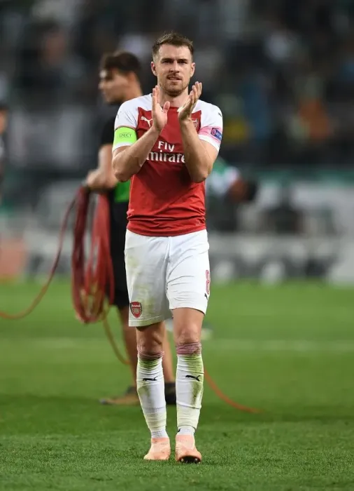 Framed Print : Aaron Ramsey Celebrates with Arsenal Fans after UEFA Europa League Match vs Sporting Lisbon, 2018