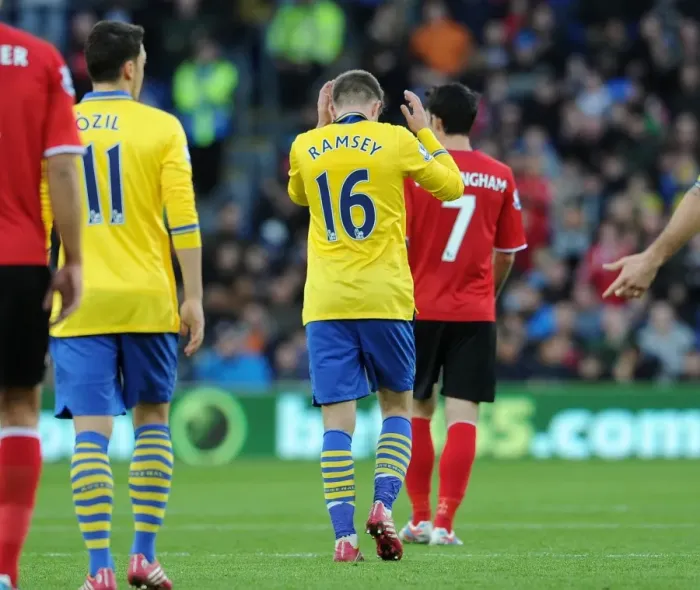Framed Print : Aaron Ramsey celebrates scoring Arsenals 1st goal. Cardiff City 0: 3 Arsenal. Barclays