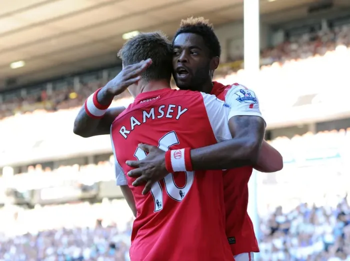 Framed Print : Aaron Ramsey celebrates scoring Arsenals goal with Alex Song. Tottenham Hotspur 2: 1 Arsenal Framed Print : Aaron Ramsey celebrates scoring Arsenals goal with Alex Song. Tottenham Hotspur 2: 1 Arsenal