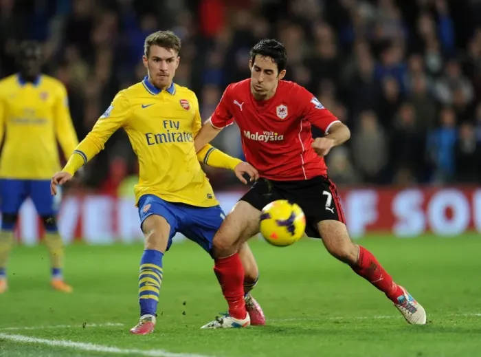 Framed Print : Aaron Ramsey Outmaneuvers Peter Whittingham: Cardiff City vs. Arsenal, Premier League 2013-14 Framed Print : Aaron Ramsey Outmaneuvers Peter Whittingham: Cardiff City vs. Arsenal, Premier League 2013-14