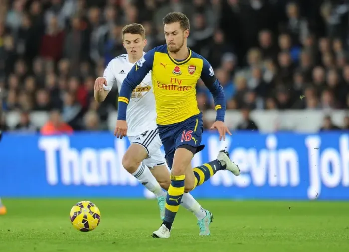 Framed Print : Aaron Ramsey Outmaneuvers Tom Carroll: Swansea vs Arsenal, Premier League 2014-15