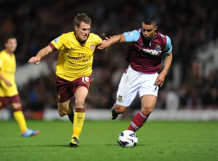 Framed Print : Aaron Ramsey Outmaneuvers Winston Reid: West Ham United vs. Arsenal, Premier League 2012-13 Framed Print : Aaron Ramsey Outmaneuvers Winston Reid: West Ham United vs. Arsenal, Premier League 2012-13