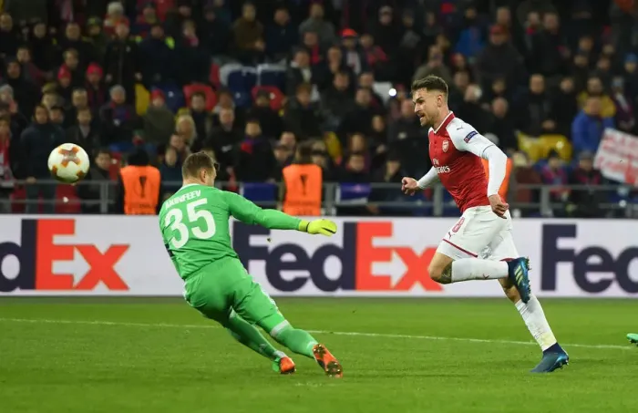 Framed Print : Aaron Ramsey Scores Arsenal's Second Goal: CSKA Moscow vs Arsenal, UEFA Europa League Quarterfinals (2018)