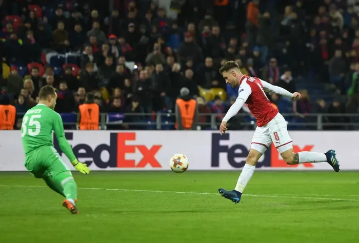 Framed Print : Aaron Ramsey Scores Arsenal's Second Goal in Europa League Quarterfinal vs CSKA Moscow (2018)
