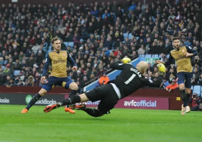 Framed Print : Aaron Ramsey Scores Against Brad Guzan: Aston Villa vs. Arsenal, Premier League 2015-16 - Ramsey's Goal Past Guzan