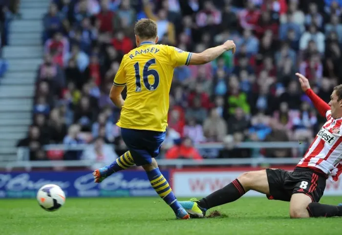 Framed Print : Aaron Ramsey Scores Against Craig Gardner: Sunderland vs. Arsenal, Premier League 2013-14