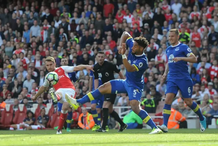 Framed Print : Aaron Ramsey Scores Dramatic Third Goal Against Everton in 2016-17 Premier League Clash