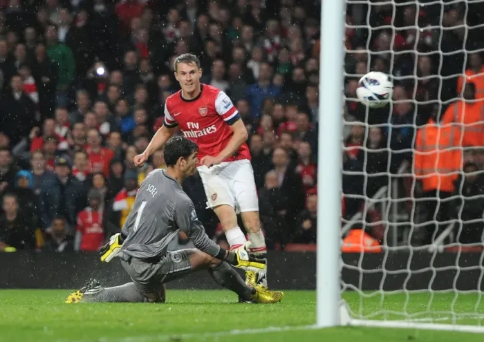 Framed Print : Aaron Ramsey Scores the Fourth Goal Past Joel Robles: Arsenal vs. Wigan Athletic (2013)
