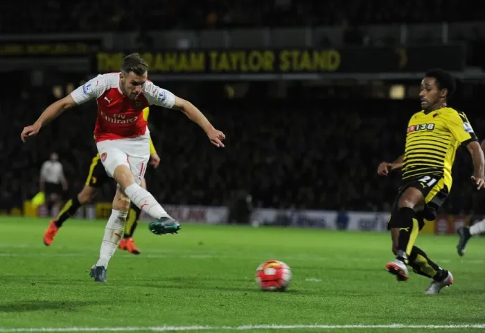 Framed Print : Aaron Ramsey Scores His Third Goal: Arsenal Triumphs Over Watford in 2015 / 16 Premier League