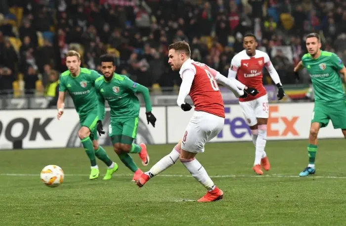 Framed Print : Aaron Ramsey Scores Penalty: Arsenal's Victory over Vorskla Poltava in Europa League