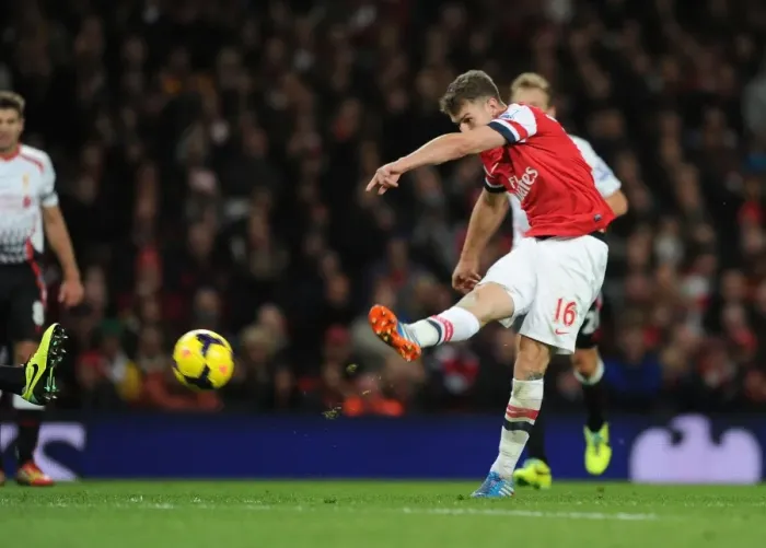 Framed Print : Aaron Ramsey Scores the Second Goal: Arsenal vs. Liverpool, Premier League 2013-14 Framed Print : Aaron Ramsey Scores the Second Goal: Arsenal vs. Liverpool, Premier League 2013-14