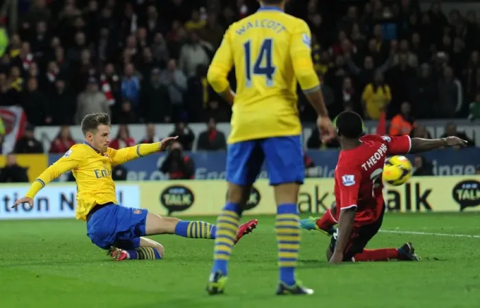 Framed Print : Aaron Ramsey Scores His Second Past Kevin Theophile-Catherine: Cardiff City vs. Arsenal, Premier League, 2013