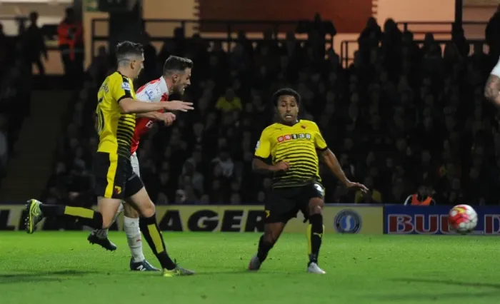 Framed Print : Aaron Ramsey Scores Thrilling Goal Against Craig Cathcart: Watford vs Arsenal, Premier League 2015 / 16