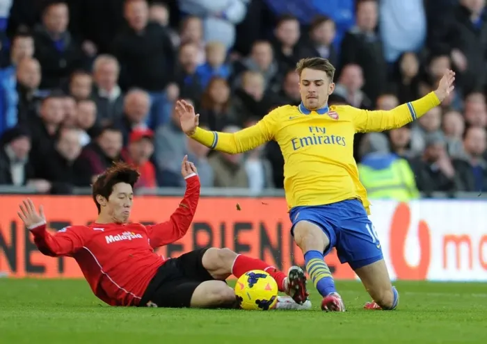 Framed Print : Aaron Ramsey Surges Past Kim Bo-Kyung: Cardiff City vs. Arsenal, Premier League 2013-14