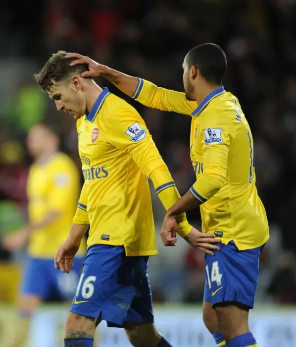 Framed Print : Aaron Ramsey and Theo Walcott's Goal Celebration: Cardiff City vs. Arsenal (2013-14)