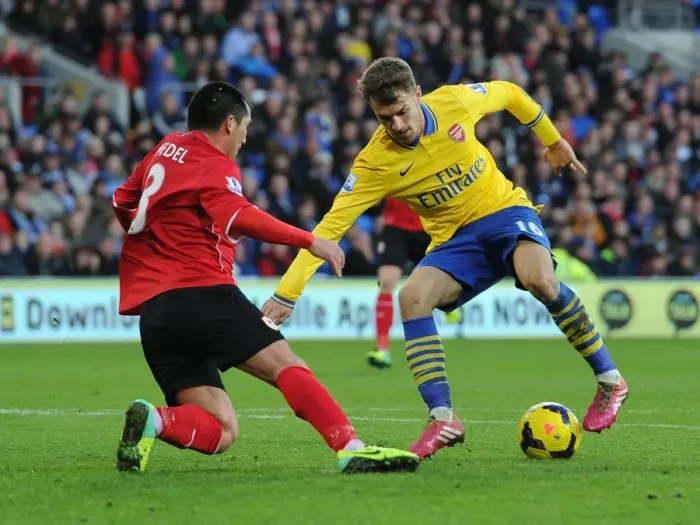 Framed Print : Aaron Ramsey vs. Gary Medel: Intense Battle in Cardiff City vs. Arsenal (Premier League 2013-14)