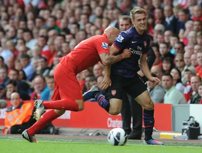 Framed Print : Aaron Ramsey vs Jonjo Shelvey: Intense Rivalry at Anfield (Premier League 2012-13)