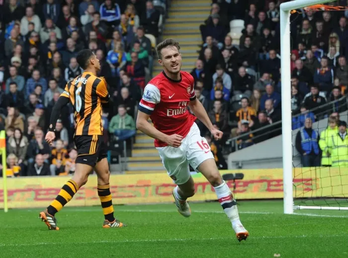 Framed Print : Aaron Ramsey's Goal Celebration: Hull City vs. Arsenal, Premier League 2013-2014