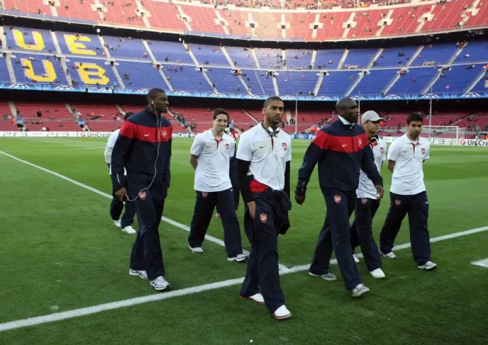 Framed Print : Abou Diaby, Armand Traore and Sol Campbell (Arsenal). Barcelona 4: 1 Arsenal