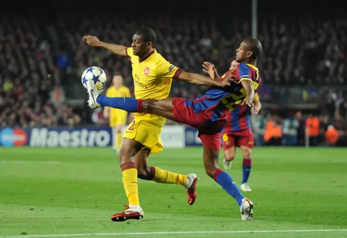 Framed Print : Abou Diaby (Arsenal) Eric Abidal (Barcelona). Barcelona 3: 1 Arsenal. UEFA Champions League Framed Print : Abou Diaby (Arsenal) Eric Abidal (Barcelona). Barcelona 3: 1 Arsenal. UEFA Champions League