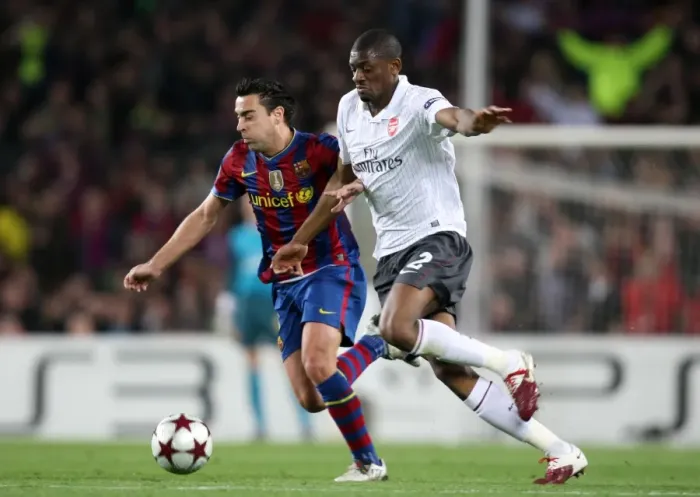 Framed Print : Abou Diaby (Arsenal) Xavi (Barcelona). Barcelona 4: 1 Arsenal. UEFA Champions League