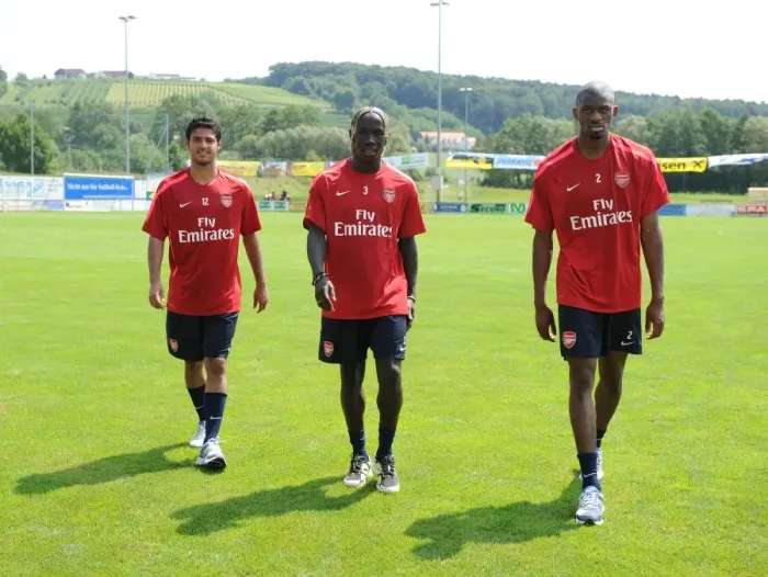 Framed Print : Abou Diaby, Bacary Sagna and Carlos Vela (Arsenal). Arsenal Training Camp