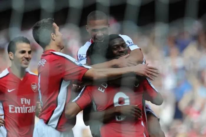 Framed Print : Abou Diaby celebrates scoring the 1st Arsenal goal with Kieran Gibbs