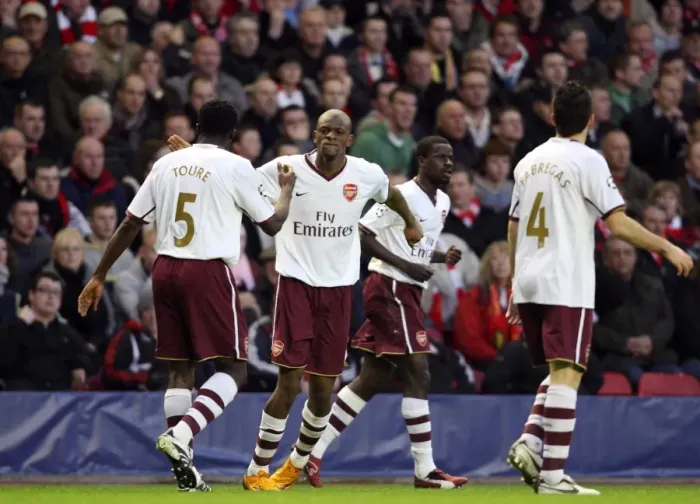 Framed Print : Abou Diaby celebrates scoring Arsenals 1st goal with Kolo Toure