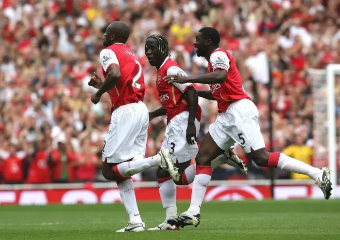 Framed Print : Abou Diaby celebrates scoring his goal Arsenals 1st with Bacary Sagna and Kolo Toure Framed Print : Abou Diaby celebrates scoring his goal Arsenals 1st with Bacary Sagna and Kolo Toure