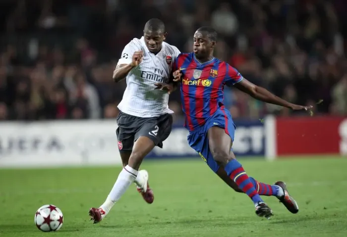 Framed Print : Abou Diaby vs Yaya Toure: Barcelona's Dominance in the 2010 UEFA Champions League Quarterfinals (4-1) Framed Print : Abou Diaby vs Yaya Toure: Barcelona's Dominance in the 2010 UEFA Champions League Quarterfinals (4-1)