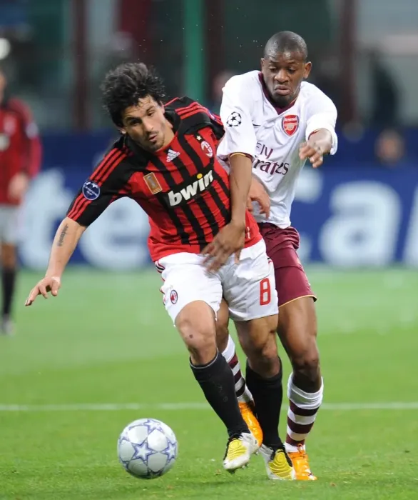 Framed Print : Abu Diaby and Gennaro Gattuso Clash in AC Milan vs. Arsenal's Champions League Showdown at San Siro Stadium, 2008 Framed Print : Abu Diaby and Gennaro Gattuso Clash in AC Milan vs. Arsenal's Champions League Showdown at San Siro Stadium, 2008