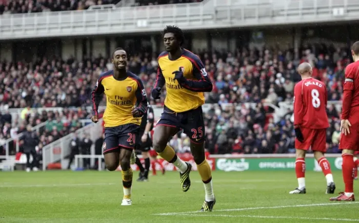Framed Print : Adebayor and Djourou: Unforgettable Goal Celebration at Middlesbrough's Riverside Stadium (Barclays Premier League, 13 / 12 / 08) Framed Print : Adebayor and Djourou: Unforgettable Goal Celebration at Middlesbrough's Riverside Stadium (Barclays Premier League, 13 / 12 / 08)