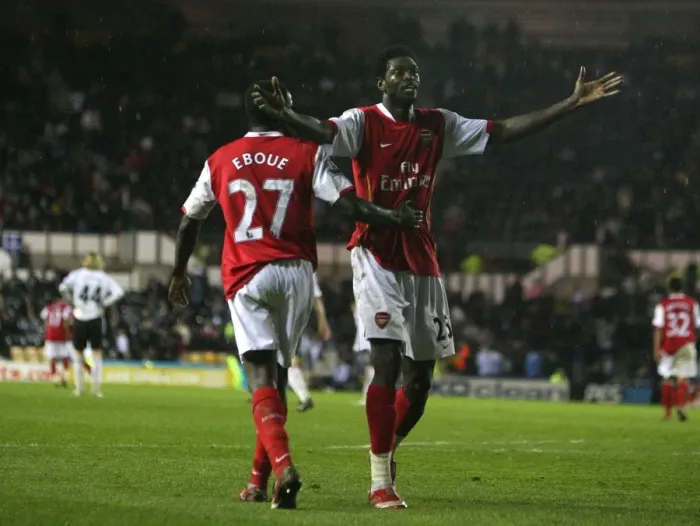 Framed Print : Adebayor and Eboue: Celebrating Arsenal's Dominant 6-2 Win over Derby County, April 2008