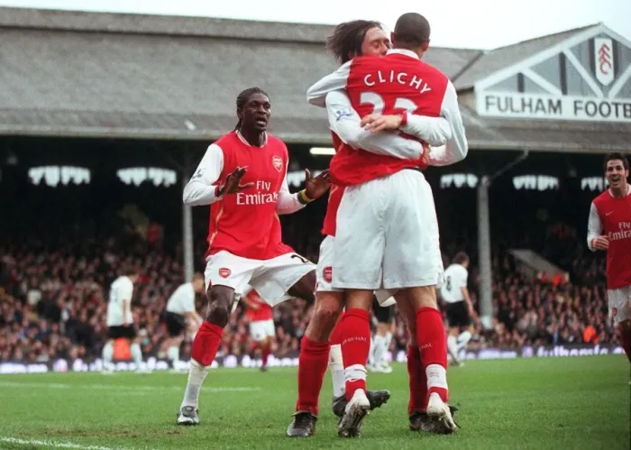 Framed Print : Adebayor, Rosicky, and Clichy: Celebrating Arsenal's First Goal Against Fulham (0:3), Barclays Premier League, 2007 Framed Print : Adebayor, Rosicky, and Clichy: Celebrating Arsenal's First Goal Against Fulham (0:3), Barclays Premier League, 2007