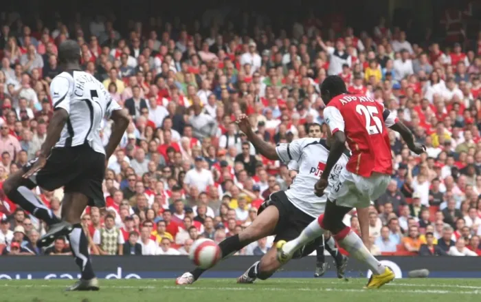 Framed Print : Adebayor Scores the Second Goal: Arsenal 3-1 Fulham, Barclays Premiership, Emirates Stadium, London, 2007 Framed Print : Adebayor Scores the Second Goal: Arsenal 3-1 Fulham, Barclays Premiership, Emirates Stadium, London, 2007