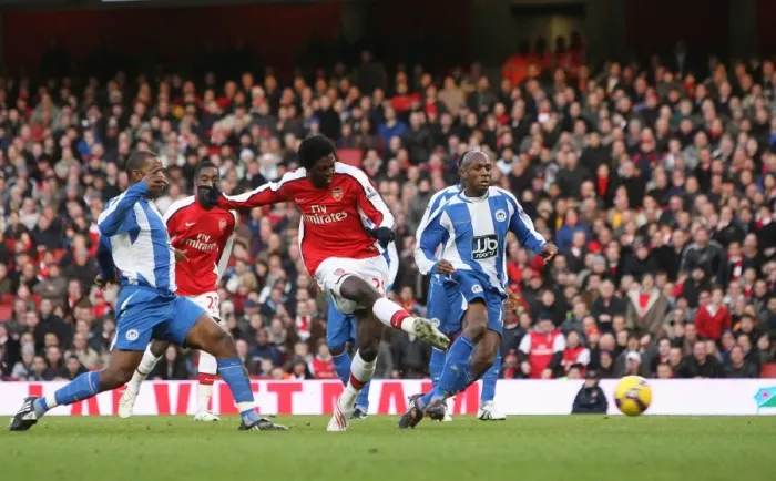 Framed Print : Adebayor Scores Stunner: Arsenal Lead Wigan 1-0 Framed Print : Adebayor Scores Stunner: Arsenal Lead Wigan 1-0