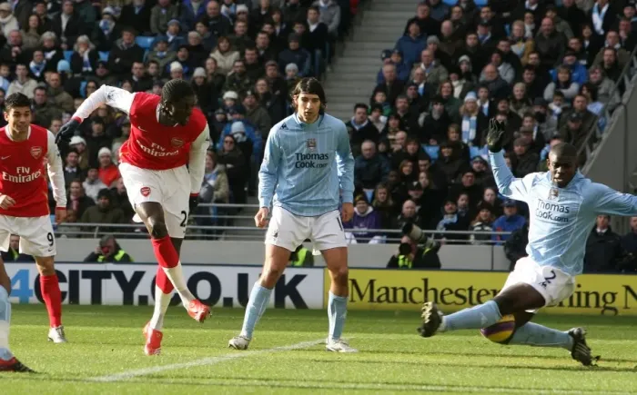 Framed Print : Adebayor Stuns Manchester City: First Arsenal Goal in Epic 3-1 Premier League Victory Framed Print : Adebayor Stuns Manchester City: First Arsenal Goal in Epic 3-1 Premier League Victory