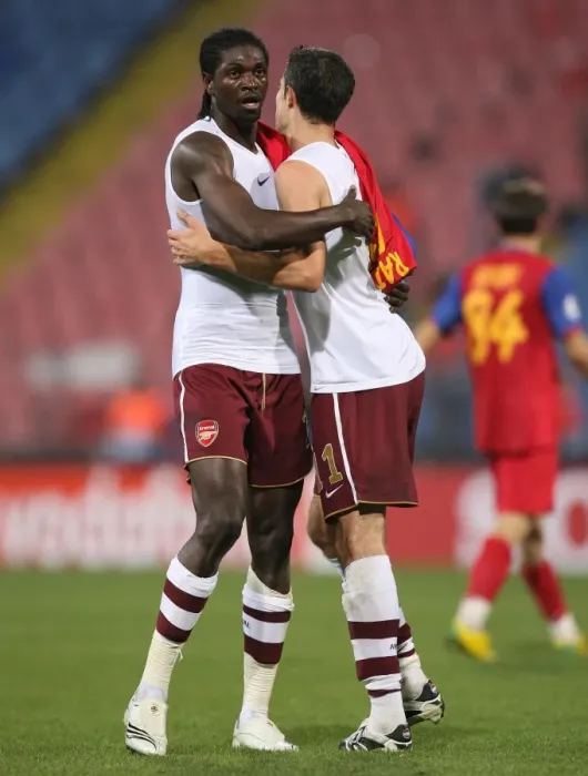 Framed Print : Adebayor and van Persie: Arsenal's Champions League Victory Celebration vs. Steaua Bucharest (2007)