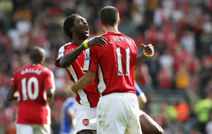 Framed Print : Adebayor and van Persie: Double Trouble - Arsenal's Unstoppable Duo Celebrates Goals Against Blackburn (4-0)