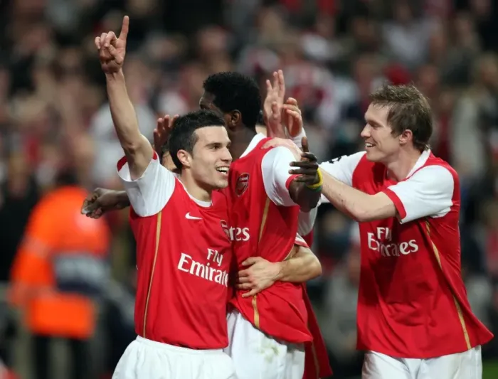 Framed Print : Adebayor and van Persie's Unforgettable Goal Celebration: Arsenal vs. Liverpool, Champions League Quarterfinal