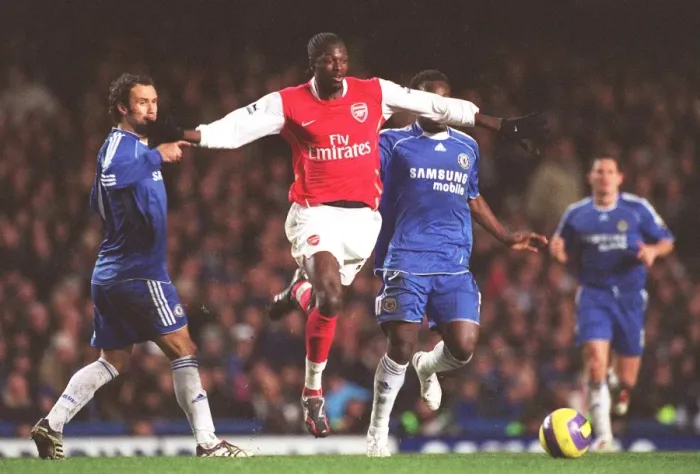Framed Print : Adebayor vs Essien: The Battle at Stamford Bridge - Arsenal vs Chelsea, FA Premiership, 10 / 12 / 06