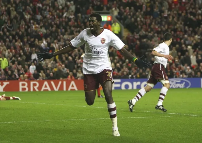 Framed Print : Adebayor's Brilliant Goal: Arsenal's Comeback in the Champions League Quarters vs Liverpool