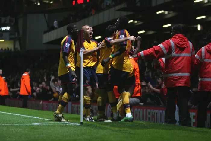 Framed Print : Adebayor's Double: Arsenal's Celebration after 2nd Goal vs. West Ham (Eboue, Silvestre, Fabregas) Framed Print : Adebayor's Double: Arsenal's Celebration after 2nd Goal vs. West Ham (Eboue, Silvestre, Fabregas)