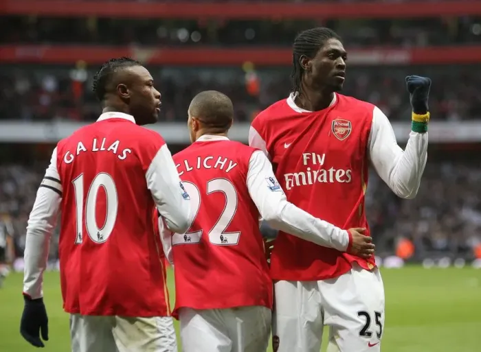 Framed Print : Adebayor's Historic First Goal for Arsenal: A Triumphant Celebration with Gallas and Clichy