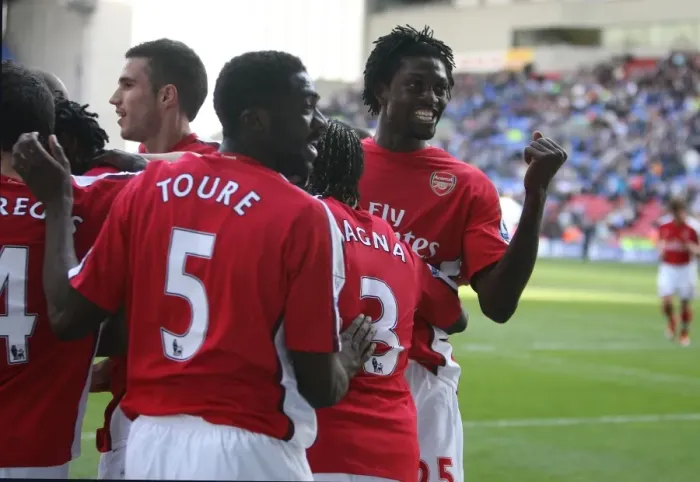 Framed Print : Adebayor's Jubilation: Arsenal's 4-1 Victory Over Wigan Framed Print : Adebayor's Jubilation: Arsenal's 4-1 Victory Over Wigan